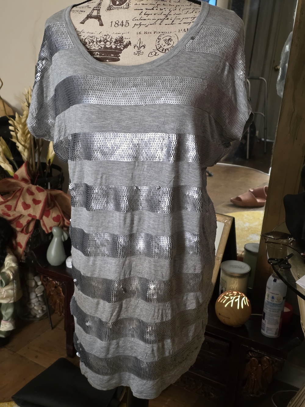 Michael Kors Gray Sequin-Striped Midi Dress
